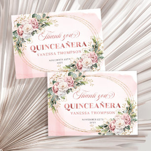Blush Pink Boho Rose Gold Floral Quince Favor Card