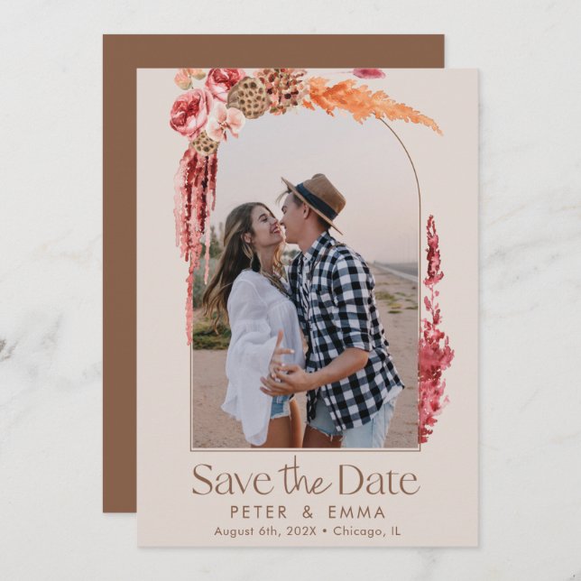 Blush Pink | Boho Save the Date Pampas Grass Photo Holiday Card (Front/Back)