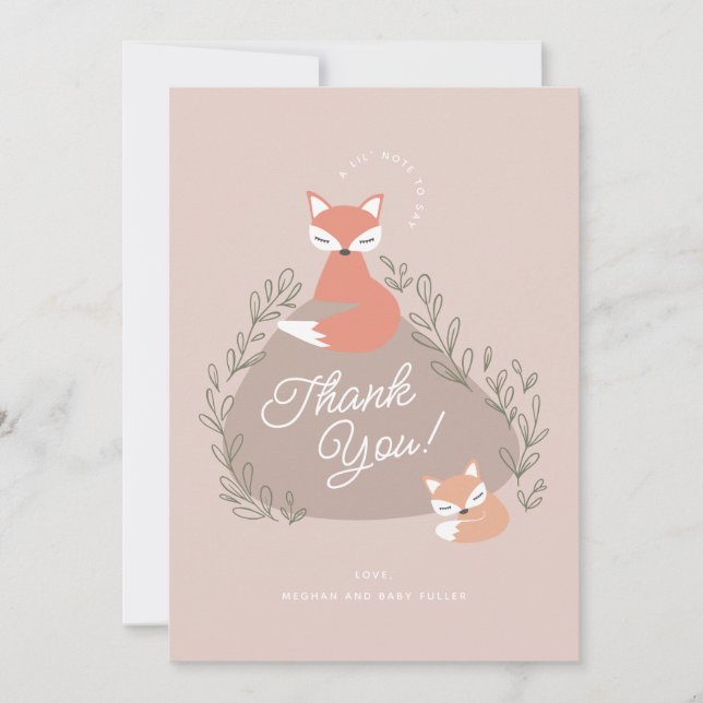 Blush Pink Boho Woodland Foxes Baby Shower Flat Thank You Card (Front)