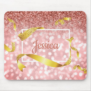 Blush Pink Bokeh Rose Gold Glitter Ribbons Name Mouse Pad