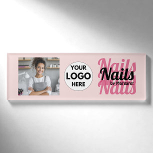 Blush Pink Bold Logo Employee Photo Nail Salon Name Tag