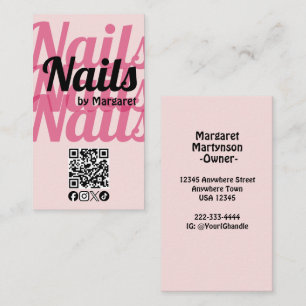 Blush Pink Bold Social Icon QR Code Nail Salon Business Card
