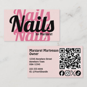 Blush Pink Bold Social Icon QR Code Nail Salon Business Card