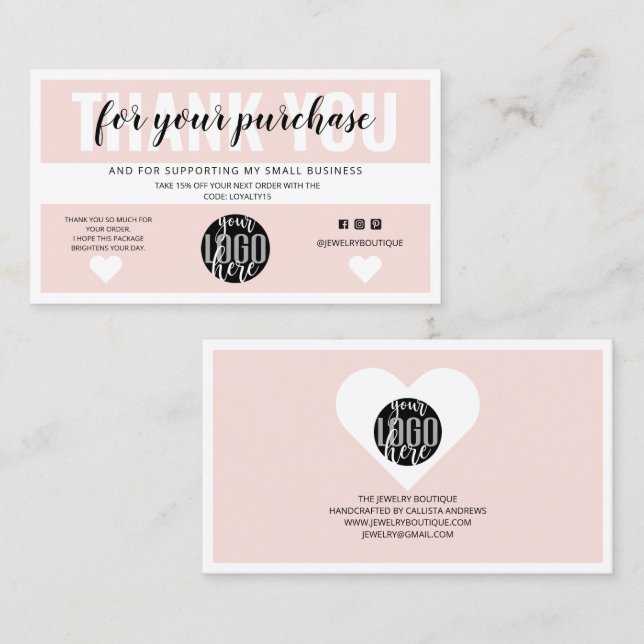 Blush Pink Border Logo Customer Order Thank You Business Card (Front/Back)