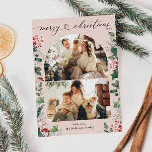 Blush Pink Botanical Photo Merry Christmas Card 