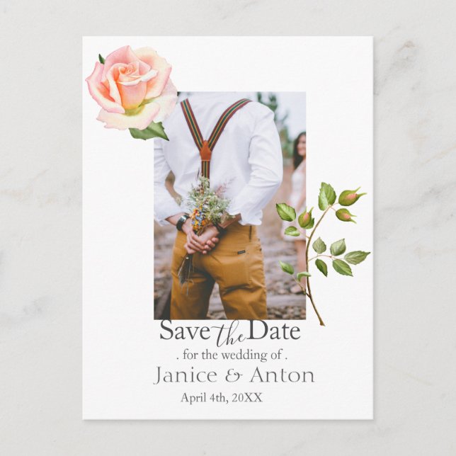 Blush Pink Botanical Save the Date Photo QR Code Postcard (Front)