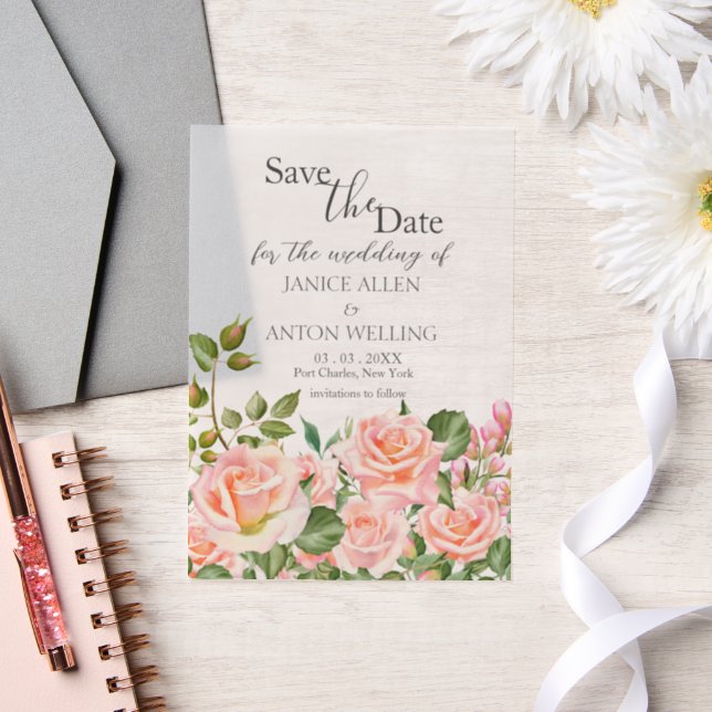 Blush Pink Botanical Wedding Save the Date Vellum Invitations (Wedding)