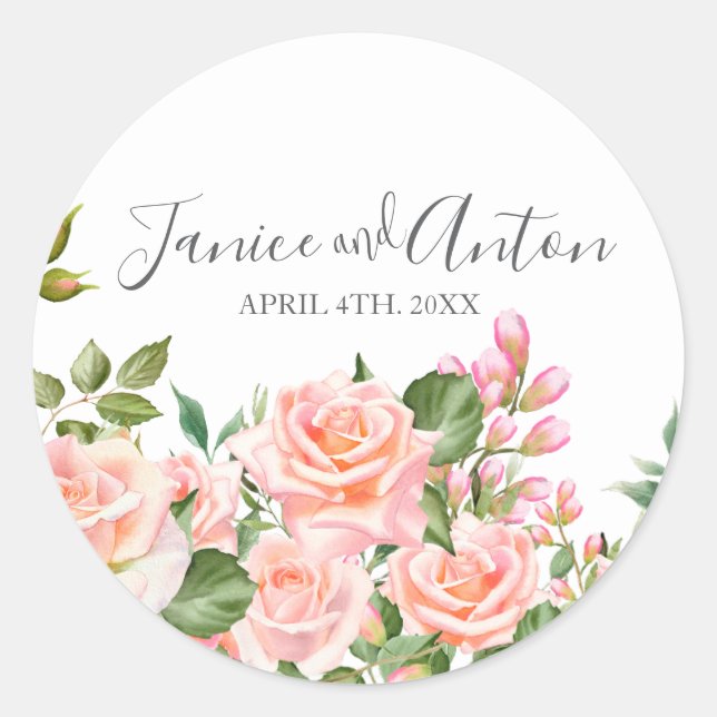Blush Pink Botanical  Wedding Script Classic Round Sticker (Front)
