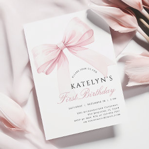 Blush Pink Bow 1st Birthday Invitation