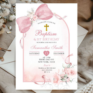 Blush Pink Bow Arch First Birthday and Baptism Invitation