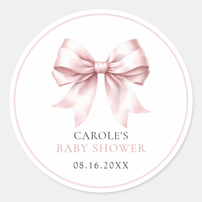Blush Pink Bow Baby Girl Baby Shower Classic Round Sticker (Front)