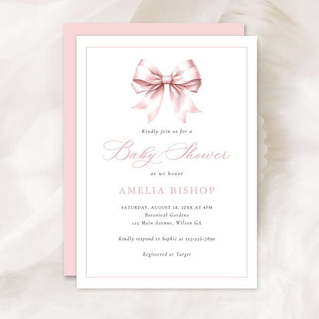 Blush Pink Bow Baby Girl Elegant Baby Shower Invitation (Creator Uploaded)