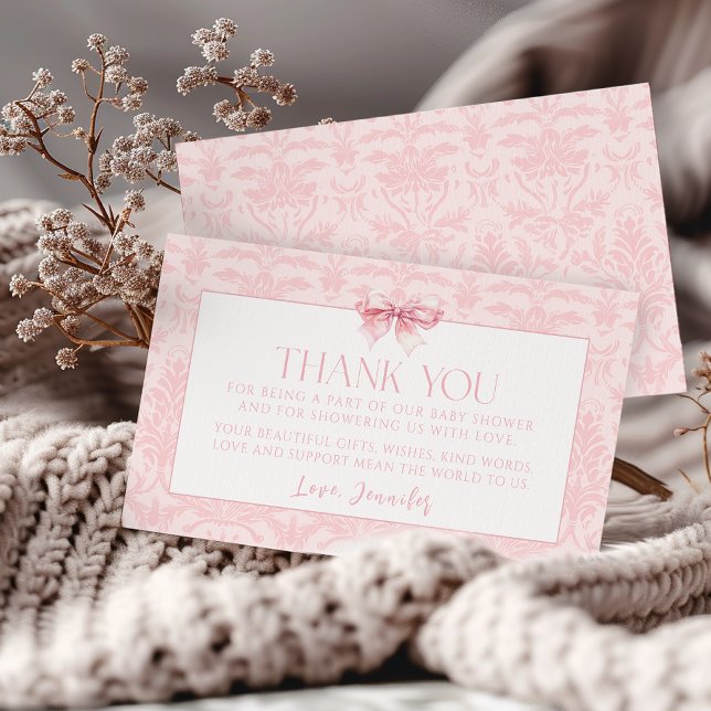 Blush pink bow baby girl shower thank you enclosure card (Creator Uploaded)