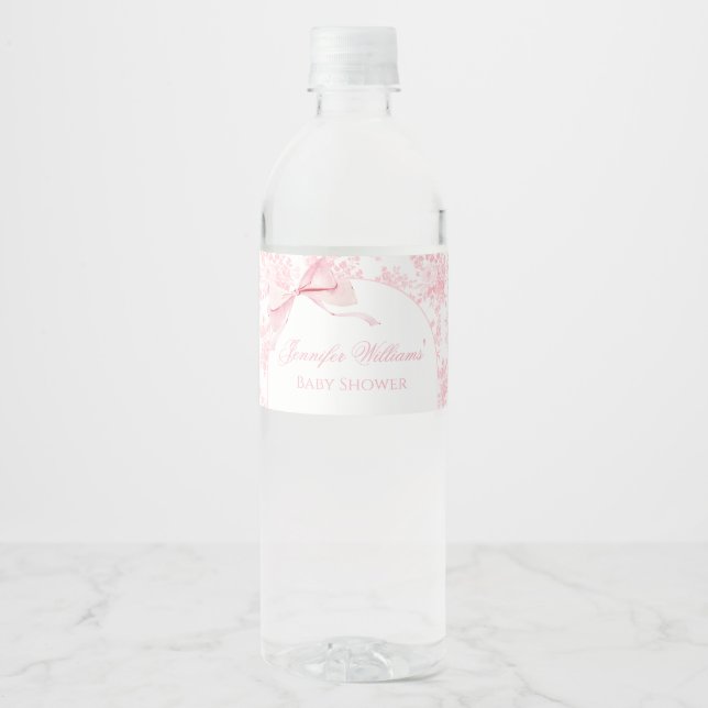 Blush Pink Bow Baby Girl Shower Water Bottle Label (Front)