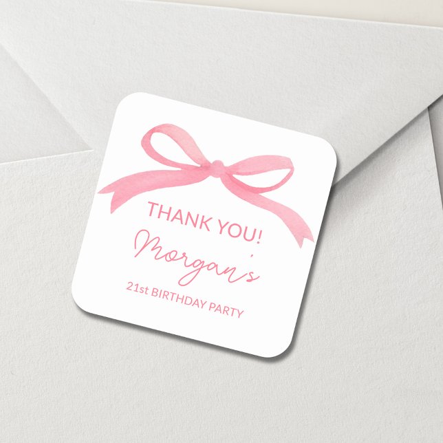 Blush Pink Bow Birthday Party Cute Square Sticker (Creator Uploaded)