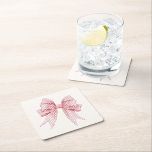Blush Pink Bow Birthday Square Paper Coaster