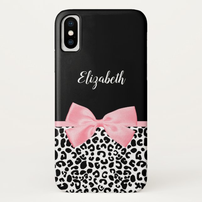 Blush Pink Bow Black White Leopard Print Pattern Case-Mate iPhone Case (Back)