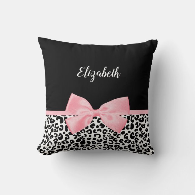 Blush Pink Bow Black White Leopard Print Pattern Cushion (Front)