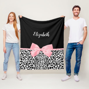 Blush Pink Bow Black White Leopard Print Pattern Fleece Blanket