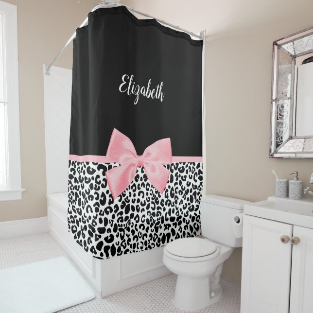 Blush Pink Bow Black White Leopard Print Pattern Shower Curtain (In Situ)