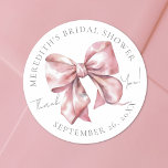 Blush Pink Bow Bridal Shower Classic Round Sticker<br><div class="desc">A cute and girly pink bow bridal shower sticker featuring an adorable blush pink watercolor bow. At the top, it has the bride-to-be’s name and “Bridal Shower, ” and at the bottom, the date. In the centre, next to the pink bow, is “Thank You!” in graceful script. This simple and...</div>