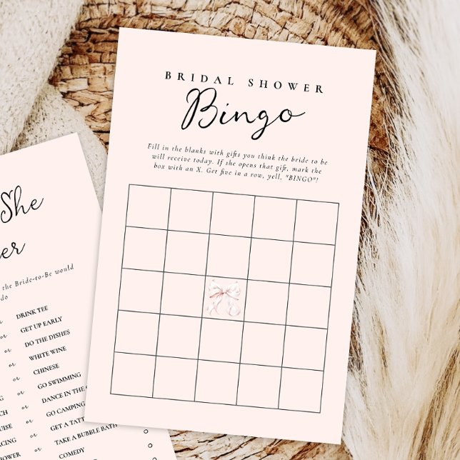 Blush Pink Bow Bridal Shower Gift Bingo Card (Creator Uploaded)