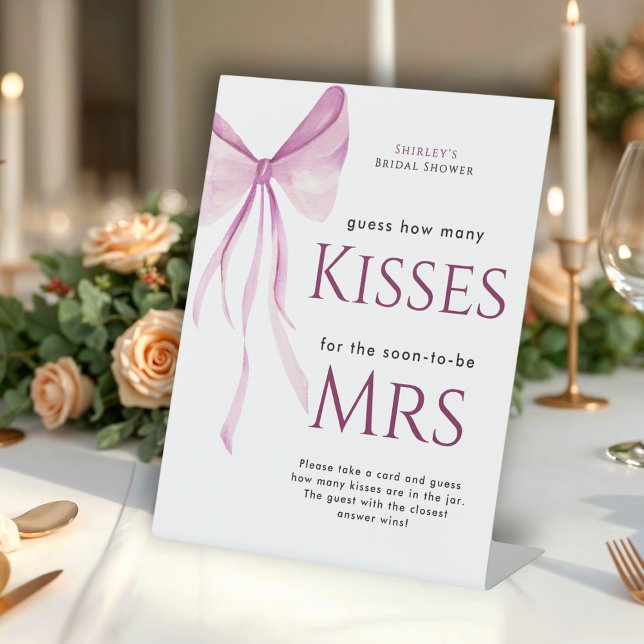 Blush Pink Bow Bridal Shower Guess How Many Kisses Pedestal Sign (Creator Uploaded)
