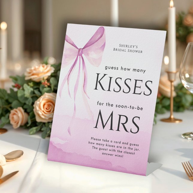 Blush Pink Bow Bridal Shower Guess How Many Kisses Pedestal Sign (Creator Uploaded)