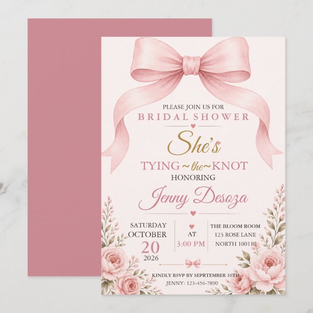 Blush Pink Bow Bridal Shower Invitation (Front/Back)