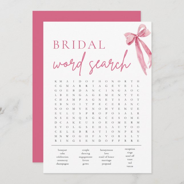 Blush Pink Bow Bridal Shower Word Search Game Invitation (Front/Back)