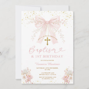 Blush Pink Bow Coquette Girl Baptism and Birthday Invitation