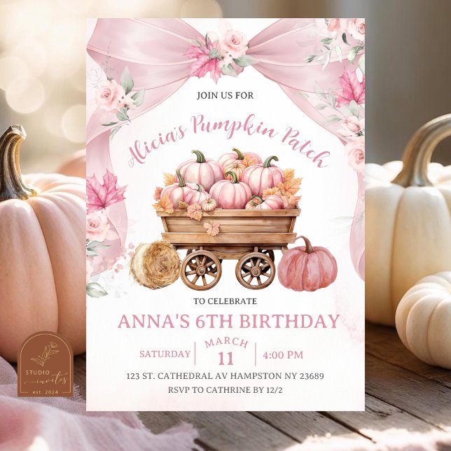Blush Pink Bow Coquette Pumpkin Patch Birthday Invitation (Creator Uploaded)