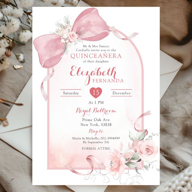 Blush Pink Bow Coquette Ribbon Arch Quinceanera Invitation (Creator Uploaded)