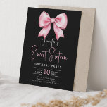 Blush Pink Bow Coquette Script Sweet 16 Black Invitation<br><div class="desc">Elegant Sweet Sixteen Birthday Party invitation template w/ a watercolor coquette bow & modern typography script.</div>