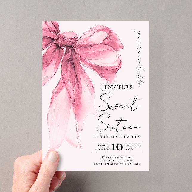 Blush Pink Bow Coquette Script Sweet 16 Party Acrylic Invitations (Insitu (Handheld))
