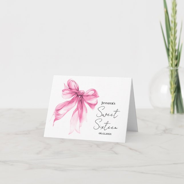 Blush Pink Bow Coquette Script Sweet 16 Thank You  Card (Front)