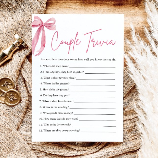 Blush Pink Bow Couple Trivia Bridal Shower Game  Invitation (Blush Pink Bow Couple Trivia Bridal Shower Game)