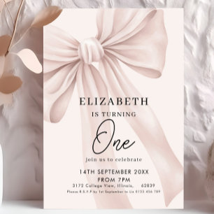 Blush Pink Bow Elegant First Birthday Party  Invitation