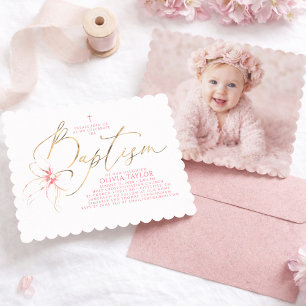 Blush Pink Bow Elegant Girl Baptism PHOTO Invitation