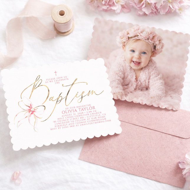 Blush Pink Bow Elegant Girl Baptism PHOTO Invitation (Pink Bow Girl Baptism Invitation with Photo)