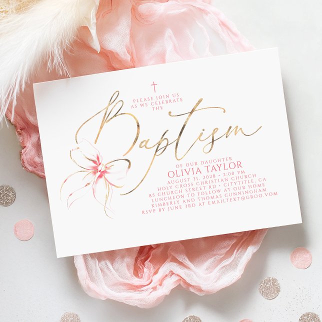 Blush Pink Bow Elegant Minimalist Girl Baptism Invitation (Pink Bow Baptism Invitation)