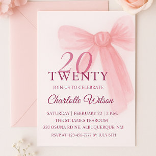 Blush Pink Bow Elegant Twenty 20th Birthday Invitation