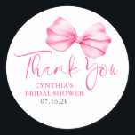 Blush Pink Bow Favours Thank You  Classic Round Sticker<br><div class="desc">Bring a little extra charm to your celebration with these elegant blush pink bow thank you stickers. Featuring a soft watercolor bow and graceful handwritten-style script, they’re the perfect finishing detail for baby showers, bridal showers, engagement parties, or weddings. Use them to seal envelopes, decorate favour bags, dress up dessert...</div>