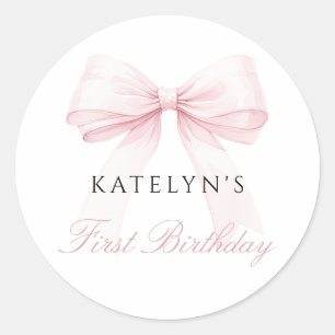 Blush Pink Bow First Birthday Classic Round Sticker