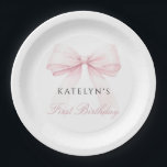 Blush Pink Bow First Birthday Paper Plate<br><div class="desc">Celebrate your little one's special day with the Blush Pink Bow First Birthday Paper Plates. This charming design sets the tone for a day filled with joy and wonder, blending modern style with timeless elegance. At its heart is a lovely blush pink bow, symbolising the gift of precious memories, while...</div>