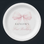 Blush Pink Bow First Birthday Paper Plate<br><div class="desc">Celebrate your little one's special day with the Blush Pink Bow First Birthday Paper Plates. This charming design sets the tone for a day filled with joy and wonder, blending modern style with timeless elegance. At its heart is a lovely blush pink bow, symbolising the gift of precious memories, while...</div>