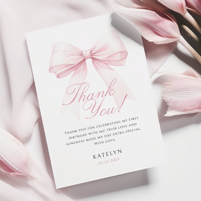 Blush Pink Bow First Birthday Thank You Card (Creator Uploaded)