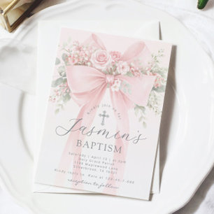 Blush Pink Bow Floral Baby Girl Baptism Invitation