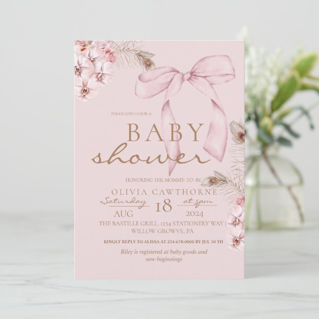Blush Pink Bow Floral Baby Shower Invitation (Standing Front)