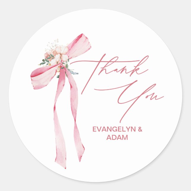 Blush Pink Bow Floral Baby Shower Thank You Classic Round Sticker (Front)
